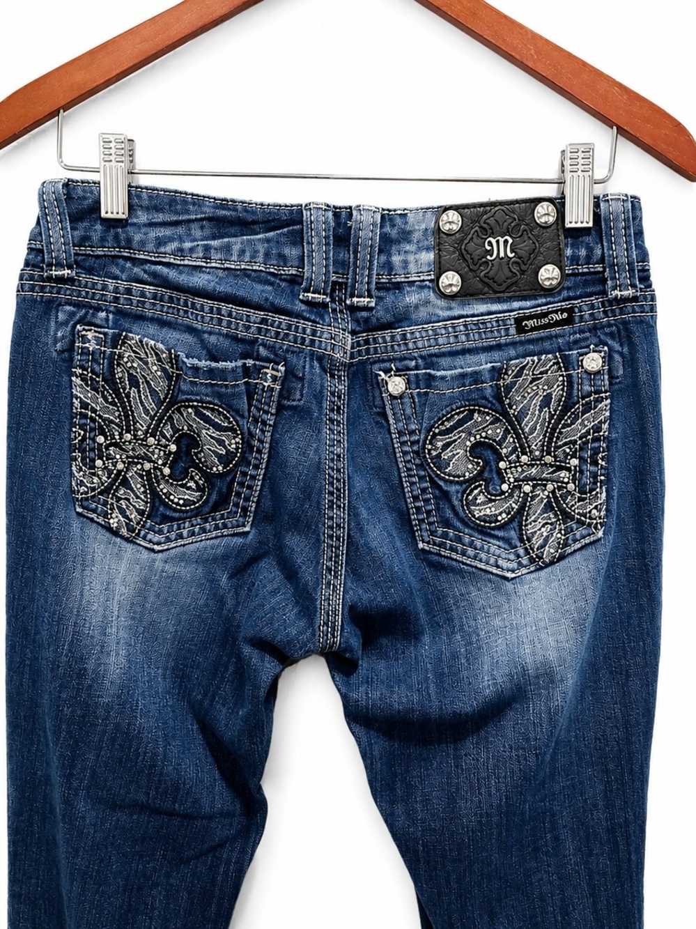 Miss Me Fleur De Lis Bootcut Jeans Womens 27 Blue Embellished Stretch Denim